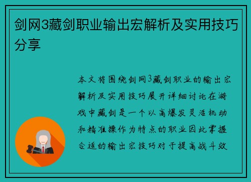 剑网3藏剑职业输出宏解析及实用技巧分享